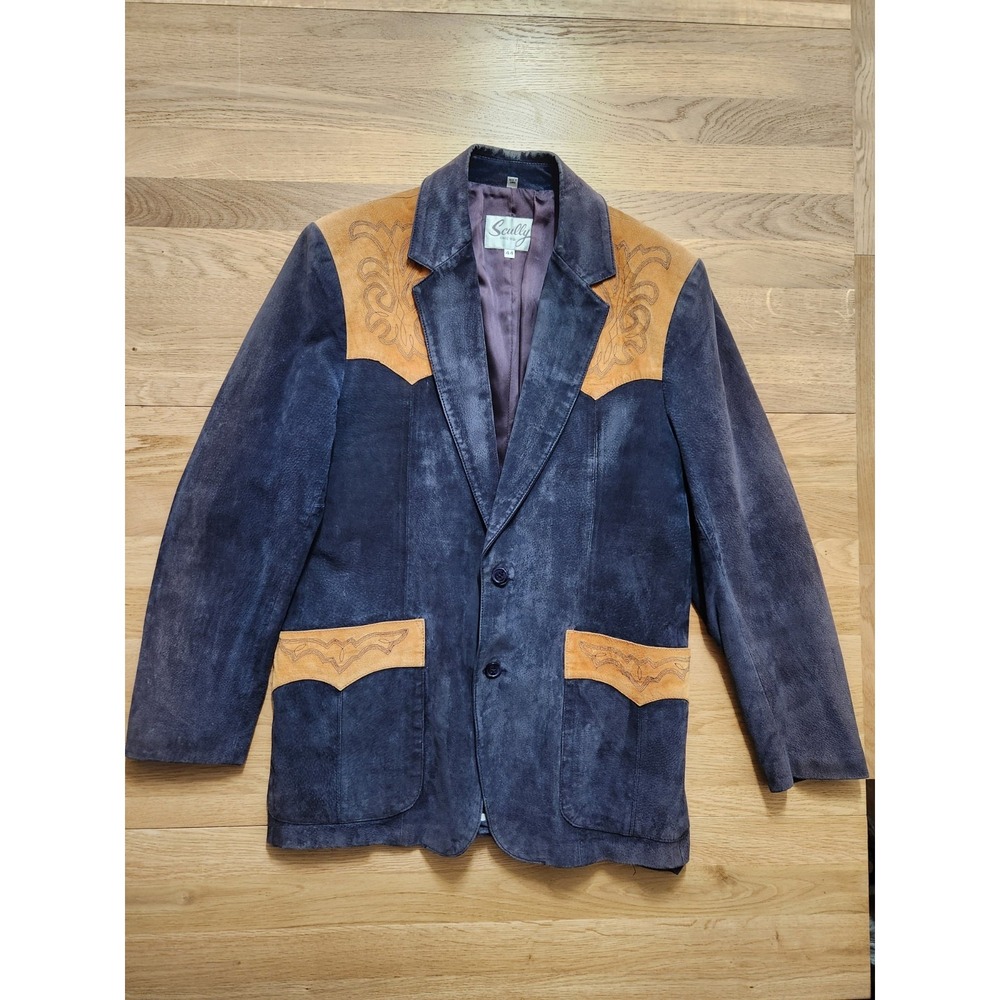 Vtg Scully Western Suede Satin Blazer Coat Two tone Brown Blue Embroidered Sz 44
